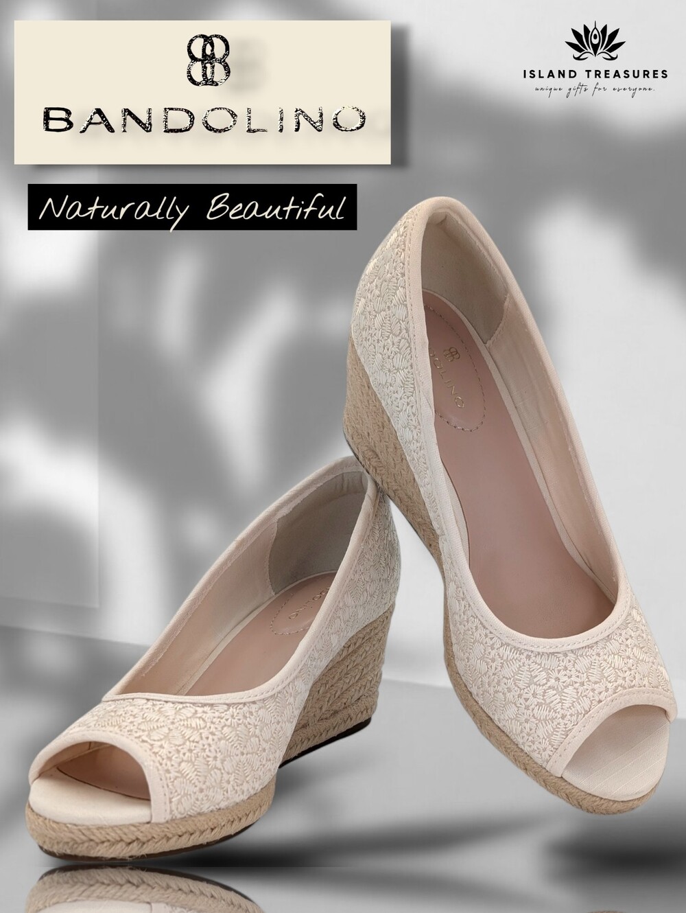 Bandolino Nuri Sz 6.5M Natural Linen Floral Espadrille Jute-Wrapped Wedge Sandal